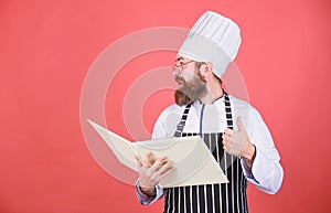 Delivery confirmation. Chef man in hat. Secret taste recipe. Vegetarian. Mature chef with beard. Bearded man cook in