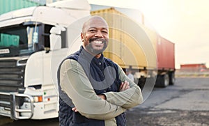 Delivery, container and happy truck driver moving industry cargo and freight at a shipping supply chain or warehouse