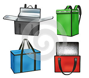 Delivery containers. Courier packages for fresh beverages food waterproofing bags decent vector realistic pictures set