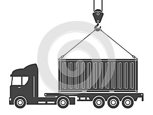 Delivery of containers by trucks. Vector illustration of loading containers onto a truck using a crane hook.