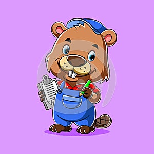 The delivery courier beaver holding the pen and the paper to check the costumer