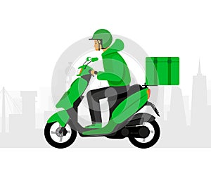 Delivery Courier boy delivering pizza on modern scooter with trunk case box. Delivery man riding on motor moped. Vector