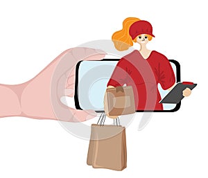 Delivery courier girl giving paper bags, cardboard box and tablet from mobile phone screen. Online delivery services