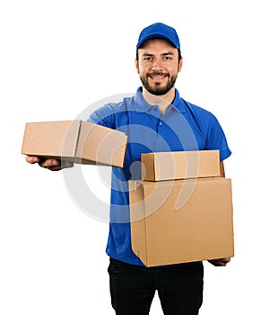 Delivery courier giving cardboard shipping box on white background