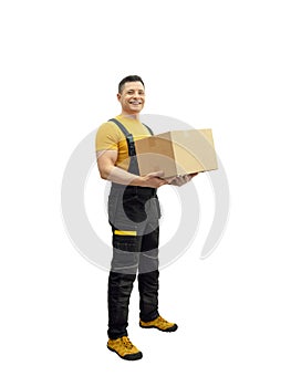 Delivery courier hold in hands cardboard box