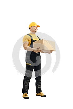 Delivery courier hold in hands cardboard box