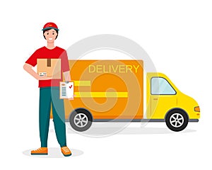 Delivery courier man and delivery car.