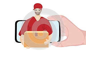 Delivery courier man giving parcel box from mobile phone screen