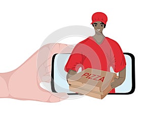 Delivery courier man giving pizza boxes from mobile phone screen