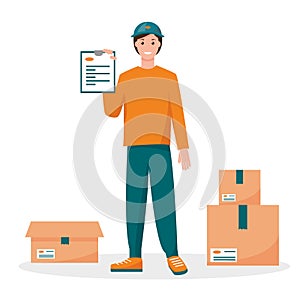 Delivery courier man with order and boxes.