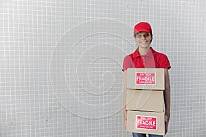 Delivery courier with package. copy space