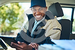 Delivery, courier and portrait of black man on tablet for distribution, shipping logistics and transport. Ecommerce, van
