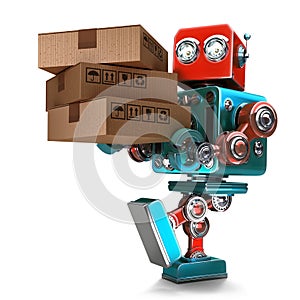 Delivery courier Robot delivering package. . Contains clipping path