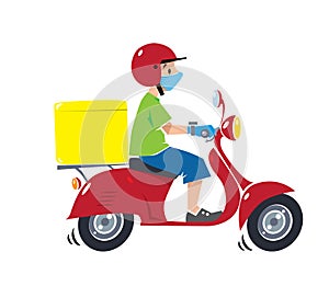 Delivery courier on scooter in protective mask and gloves