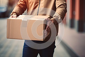Delivery courier service. Delivery man in brown uniform holding a cardboard box delivering to door of customer home. A man postal