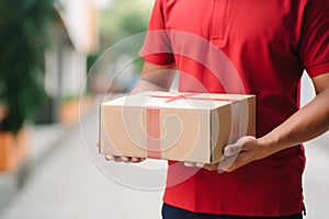 Delivery courier service. Delivery man in red uniform holding a cardboard box delivering to door of customer home. A man postal
