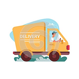 Delivery courier truck, car deliver, flat cartoon