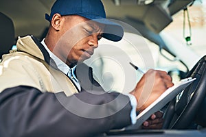 Delivery, courier van and black man with checklist for distribution, shipping logistics and transport. Ecommerce, online