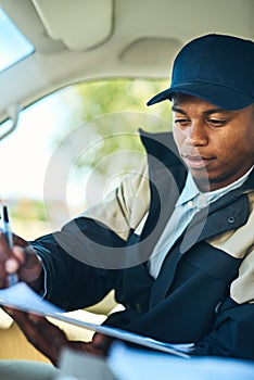 Delivery, courier van and black man with clipboard for distribution, shipping logistics and transport. Ecommerce, online