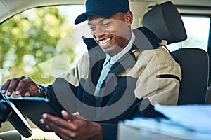 Delivery, courier van and black man with tablet for distribution, shipping logistics and transport. Ecommerce, online