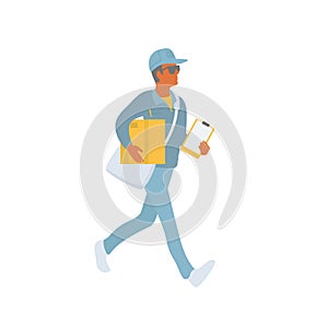 Delivery courier walking and carries shipment to make delivery