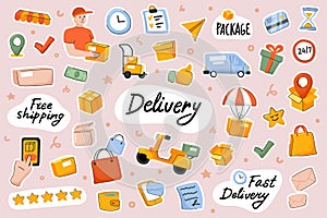 Delivery cute stickers template set. Scrapbooking elements