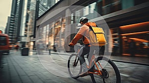 Delivery cyclist in city environment with orange backpack in motion