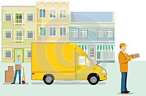 Delivery, delivery logistics, parcel messengers. Suppliers - illustration