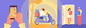 Delivery design concept set courier takes the parcel to recipient searches delivery route on navigator on smartphone customer
