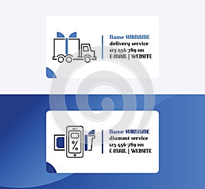 Delivery, discount services business card vector illustration. Delivery van, logistics industry calling card. Mobile
