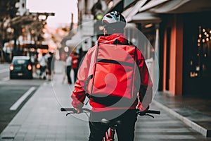 Delivery driver with a backpack delivering a package on a bike. Created with Generative AI, no one recognisable. Not a real person