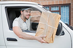 Delivery driver offering parcel from his van