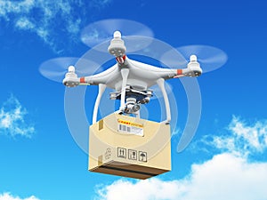 Delivery drone with cardboard box in the blue sky