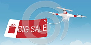 Delivery drone carrying a shopping sale advertisement banner.