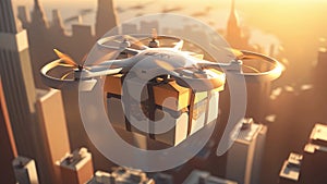 Delivery Drone Flying Delivering Package in Big City Passing Through Tall Buildings AI Generative