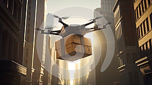 Delivery Drone Flying Delivering Package in Big City Passing Through Tall Buildings AI Generative