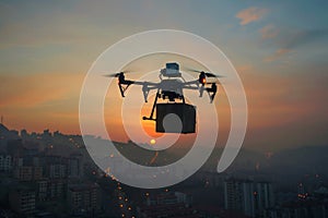 Delivery drone flying over city at sunrise