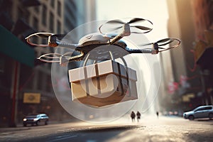 Delivery drone, robotic mail, technology, logistics of future concept. Flying drone with cardboard box in city landing on asphalt