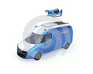 Delivery drone takeoff from two-tone electric powered delivery van on white background