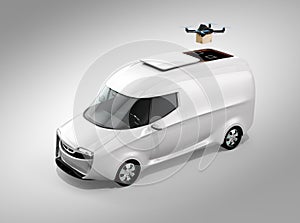 Delivery drone takeoff from white electric delivery van on gray background