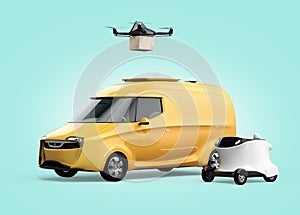 Delivery drone takeoff from yellow electric powered van, white delivery robot on left side