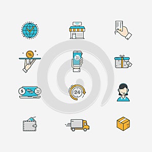 Delivery, e-commerce and online sale line icons with flat design elements.