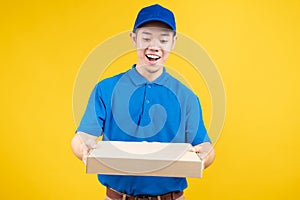 Delivery express of pizza man asian male showing box delicious fast deliver to receiver photo