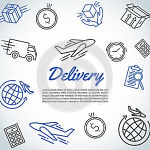 Delivery and express shipment background. Courier and shipping elements. Logistic service banner. Line art vector
