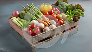 Delivery of farm packaged fruits and vegetables in wooden box. Life without waste. Ecology and nature. Sunny morning.