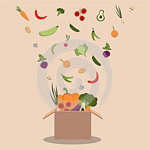 Delivery food in cardboard box from grocery store. Shipping order with products from supermarket. Vector cartoon illustration of