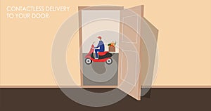 Delivery food in cardboard box from grocery store. Shipping order with products from supermarket. Vector cartoon illustration of