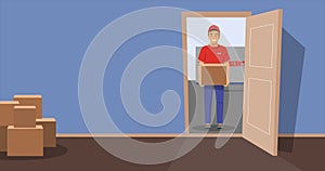 Delivery food in cardboard box from grocery store. Shipping order with products from supermarket. Vector cartoon illustration of
