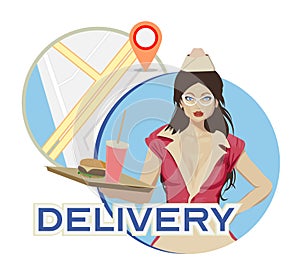 Delivery food. Waitress with the tray. Map from the app on the background
