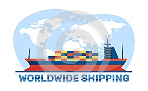 Delivery of goods by cargo seagoing vessels. Worldwide shipping. Barge with containers on map background. Freight photo